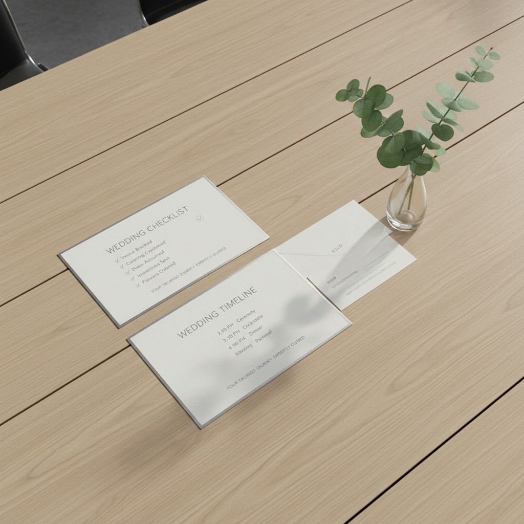 A wedding invitation or checklist with a plant on a light brown wooden table.
