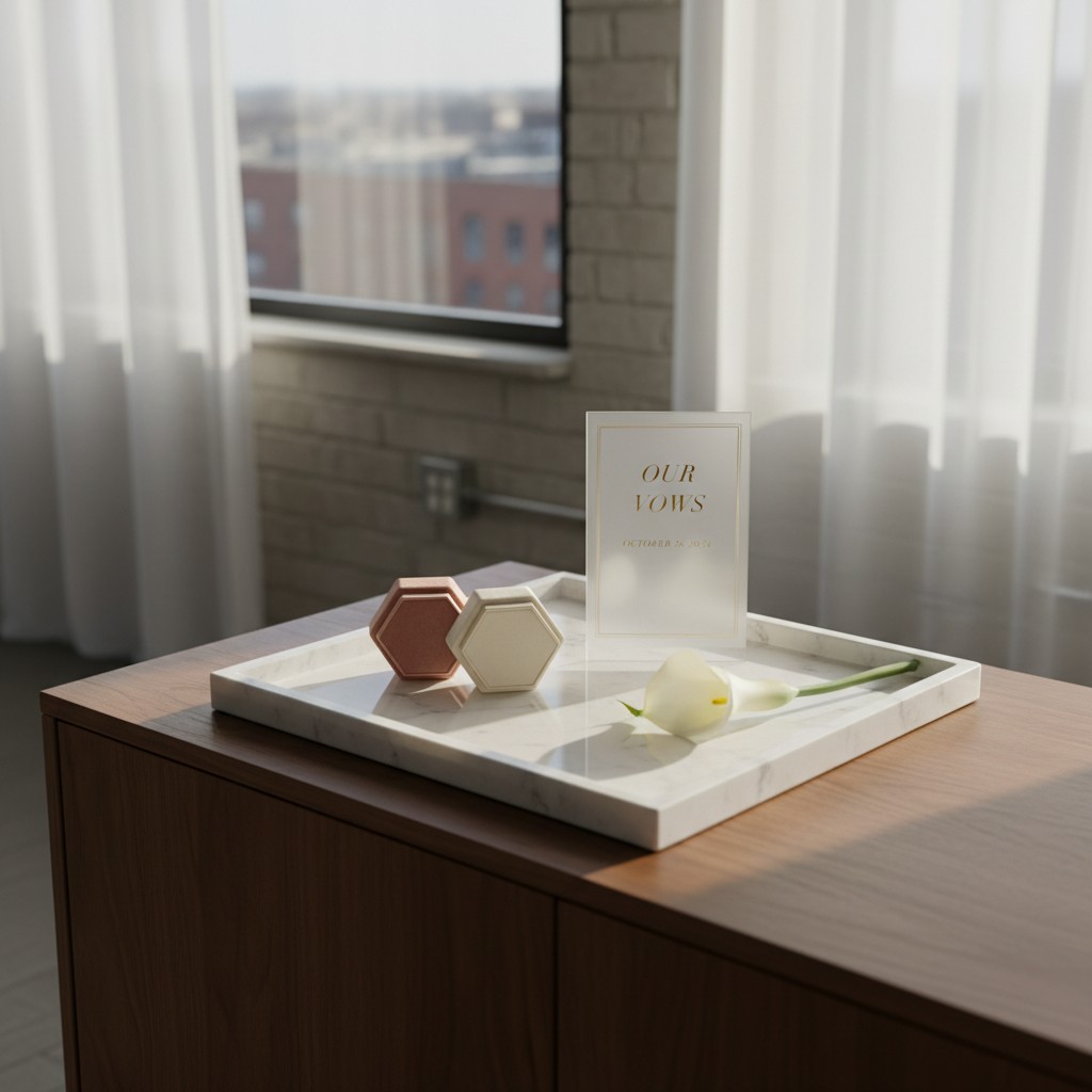 A rectangular white marble tray sits atop a wooden cabinet, holding two hexagonal candleholders in a soft pink and beige h...