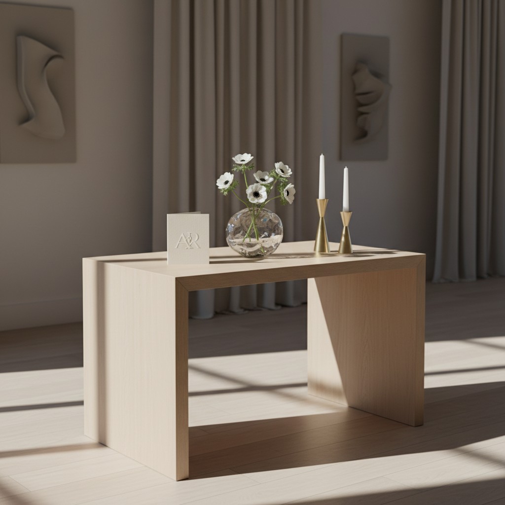 The image depicts a modern, minimalist wooden table featuring a vase of flowers and two candles, set against a backdrop of...