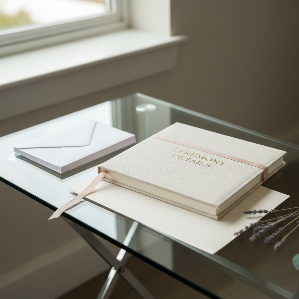 Top photo of an off-white colored book with a ribbon logo on the cover, placed on a glass desk.